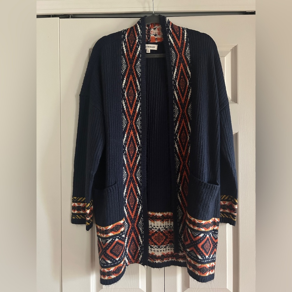 Lucky Brand Cardigan Size L Blue Boho AztecTribal Oversized Open Front Pockets